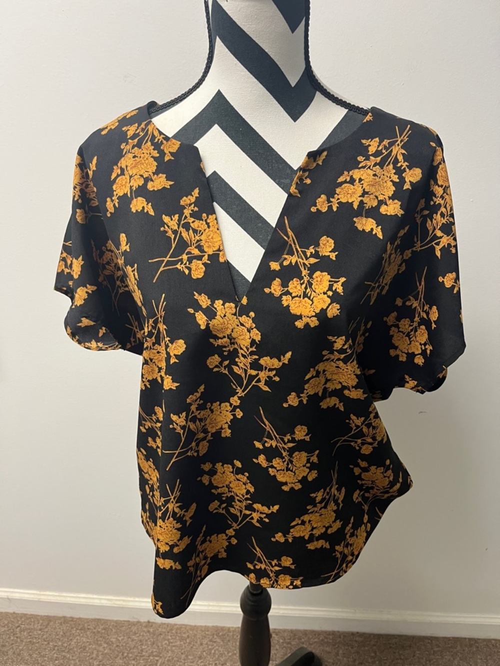 Women's Black Floral V-Neck Blouse with Mustard Print